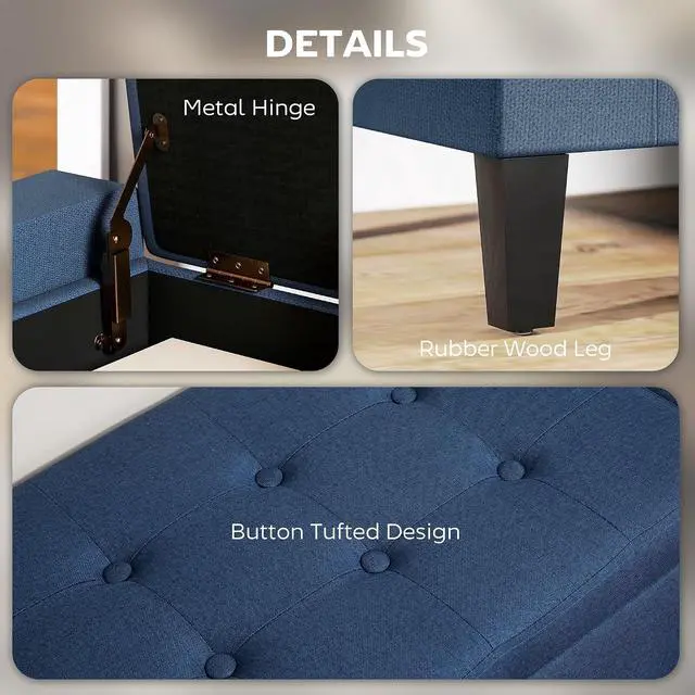Alt view image 5 of 7 - 36" Ottoman with Storage, Lift Top Rubberwood Legs 330 lb Dark Blue | Storage Ottoman Bench, Linen Upholstered Entryway Seat, Living Room, Bedroom
