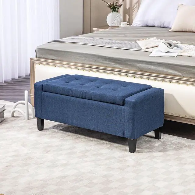 Alt view image 2 of 7 - 36" Ottoman with Storage, Lift Top Rubberwood Legs 330 lb Dark Blue | Storage Ottoman Bench, Linen Upholstered Entryway Seat, Living Room, Bedroom