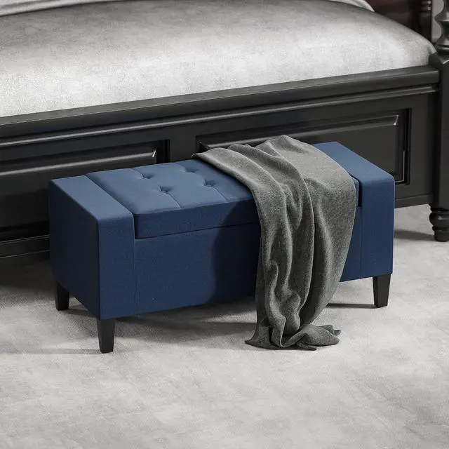 Alt view image 6 of 7 - 36" Ottoman with Storage, Lift Top Rubberwood Legs 330 lb Dark Blue | Storage Ottoman Bench, Linen Upholstered Entryway Seat, Living Room, Bedroom