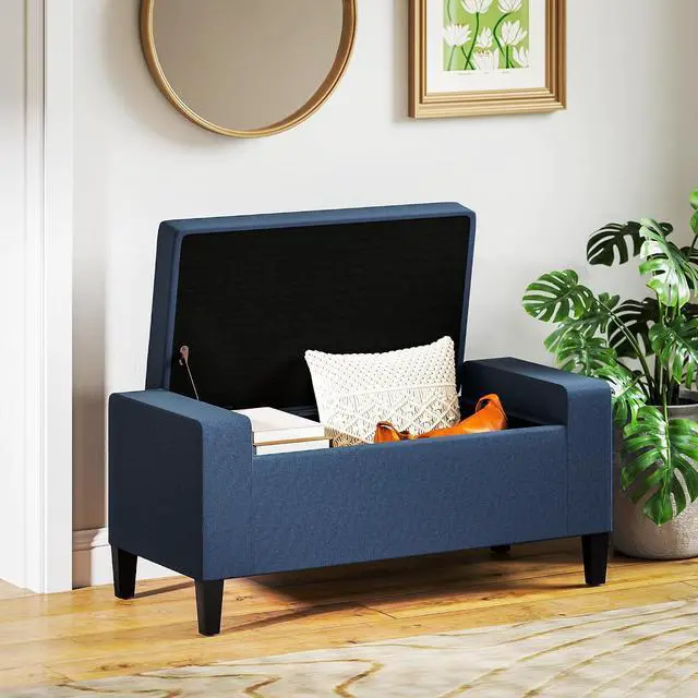 Alt view image 7 of 7 - 36" Ottoman with Storage, Lift Top Rubberwood Legs 330 lb Dark Blue | Storage Ottoman Bench, Linen Upholstered Entryway Seat, Living Room, Bedroom