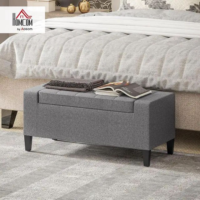 Alt view image 2 of 7 - 36" Ottoman with Storage, Lift Top Rubberwood Legs 330 lb Gray | Storage Ottoman Bench, Linen Upholstered Entryway Seat, Living Room, Bedroom