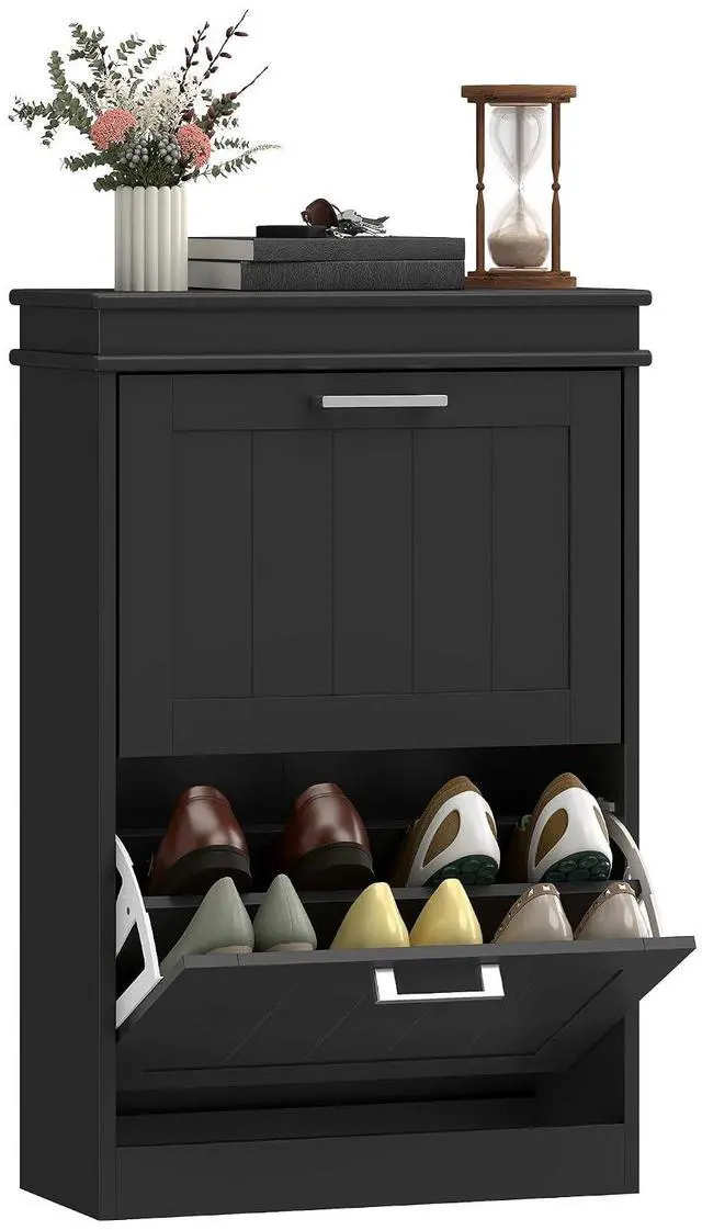 Main image of Narrow Shoe Cabinet with 2 Flip Drawers, Modern, for Entryway, Black | Freestanding Small Shoe Storage Cabinet, Adjustable Shelves, Hallway