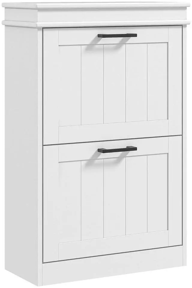 Main image of Narrow Shoe Cabinet with 2 Flip Drawers, Modern, for Entryway, White | Freestanding Small Shoe Storage Cabinet, Adjustable Shelves, Hallway