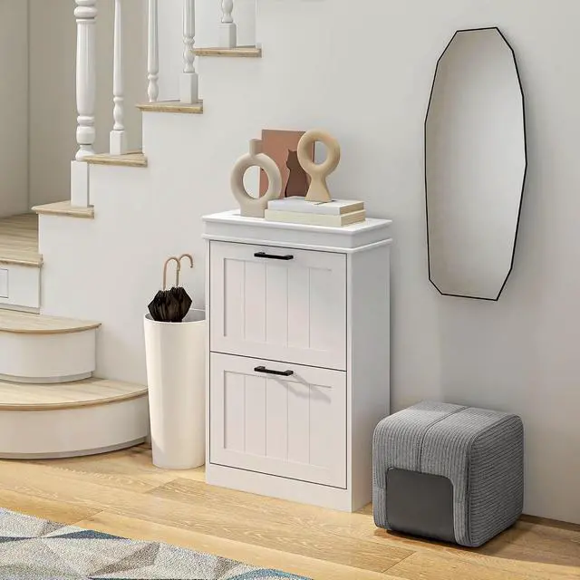 Alt view image 2 of 7 - Narrow Shoe Cabinet with 2 Flip Drawers, Modern, for Entryway, White | Freestanding Small Shoe Storage Cabinet, Adjustable Shelves, Hallway