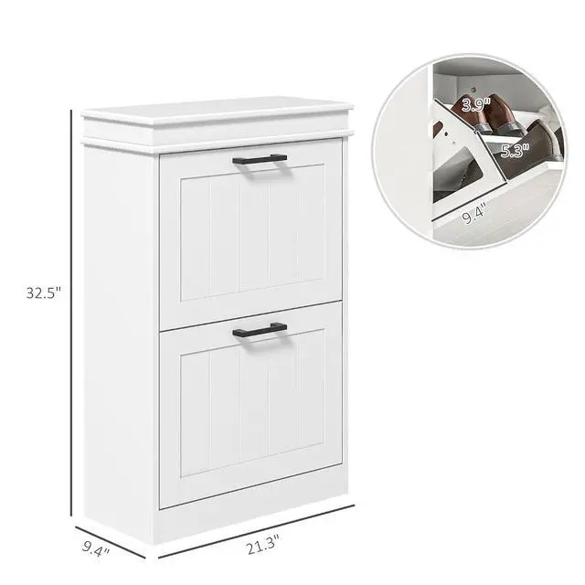 Alt view image 3 of 7 - Narrow Shoe Cabinet with 2 Flip Drawers, Modern, for Entryway, White | Freestanding Small Shoe Storage Cabinet, Adjustable Shelves, Hallway