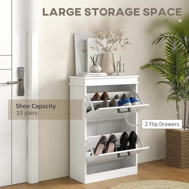 Alt view image 4 of 7 - Narrow Shoe Cabinet with 2 Flip Drawers, Modern, for Entryway, White | Freestanding Small Shoe Storage Cabinet, Adjustable Shelves, Hallway