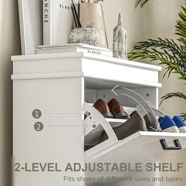 Alt view image 5 of 7 - Narrow Shoe Cabinet with 2 Flip Drawers, Modern, for Entryway, White | Freestanding Small Shoe Storage Cabinet, Adjustable Shelves, Hallway