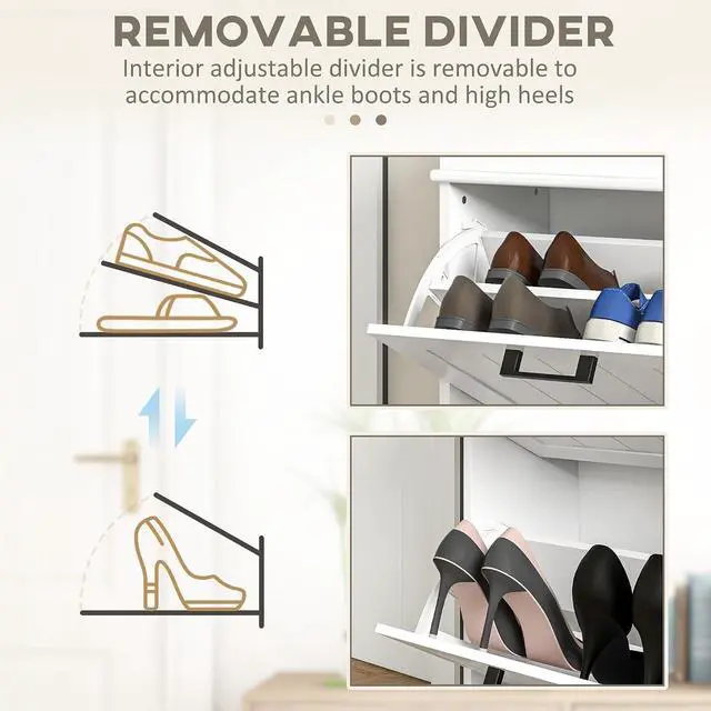 Alt view image 6 of 7 - Narrow Shoe Cabinet with 2 Flip Drawers, Modern, for Entryway, White | Freestanding Small Shoe Storage Cabinet, Adjustable Shelves, Hallway