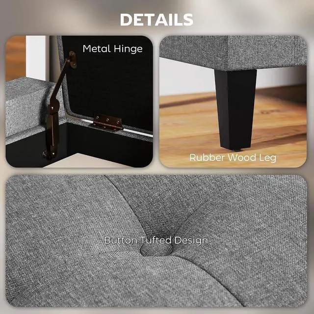 Alt view image 5 of 7 - 36" Ottoman with Storage, Lift Top Rubberwood Legs 330 lb Gray | Storage Ottoman Bench, Linen Upholstered Entryway Seat, Living Room, Bedroom
