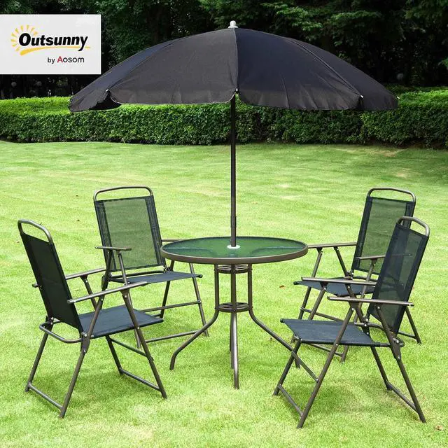 Alt view image 2 of 7 - 6 Piece Outdoor Patio Dining Set for 4 with Umbrella Black/Coffee | Patio Table and Chairs Set, 4 Folding Dining Chairs, Round Glass Table, Garden Backyard Poolside
