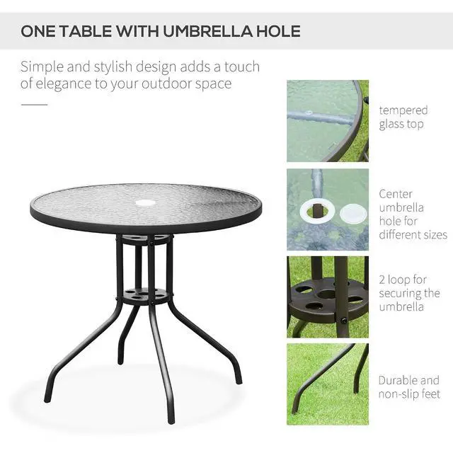 Alt view image 4 of 7 - 6 Piece Outdoor Patio Dining Set for 4 with Umbrella Black/Coffee | Patio Table and Chairs Set, 4 Folding Dining Chairs, Round Glass Table, Garden Backyard Poolside