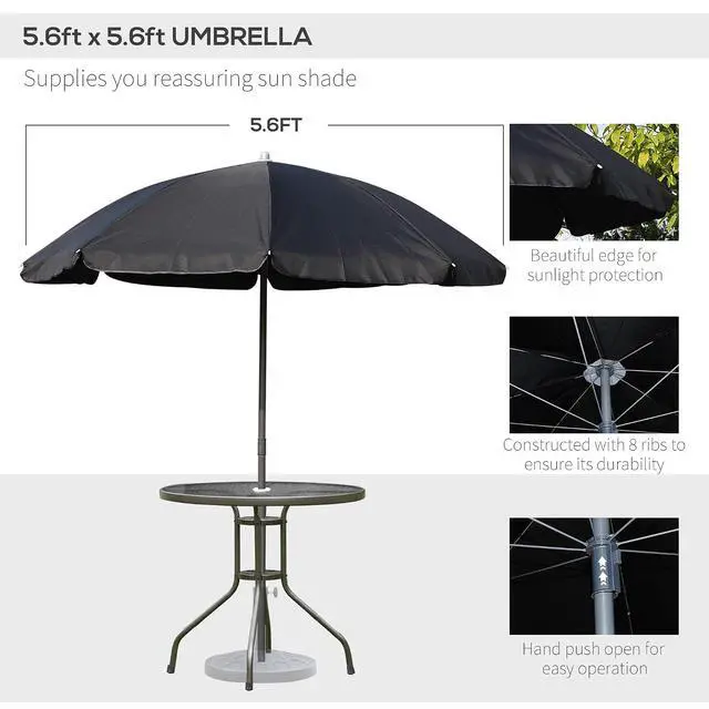 Alt view image 3 of 7 - 6 Piece Outdoor Patio Dining Set for 4 with Umbrella Black/Coffee | Patio Table and Chairs Set, 4 Folding Dining Chairs, Round Glass Table, Garden Backyard Poolside
