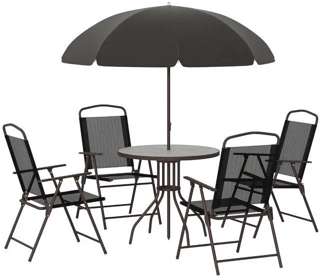 Main image of 6 Piece Outdoor Patio Dining Set for 4 with Umbrella Black/Coffee | Patio Table and Chairs Set, 4 Folding Dining Chairs, Round Glass Table, Garden Backyard Poolside