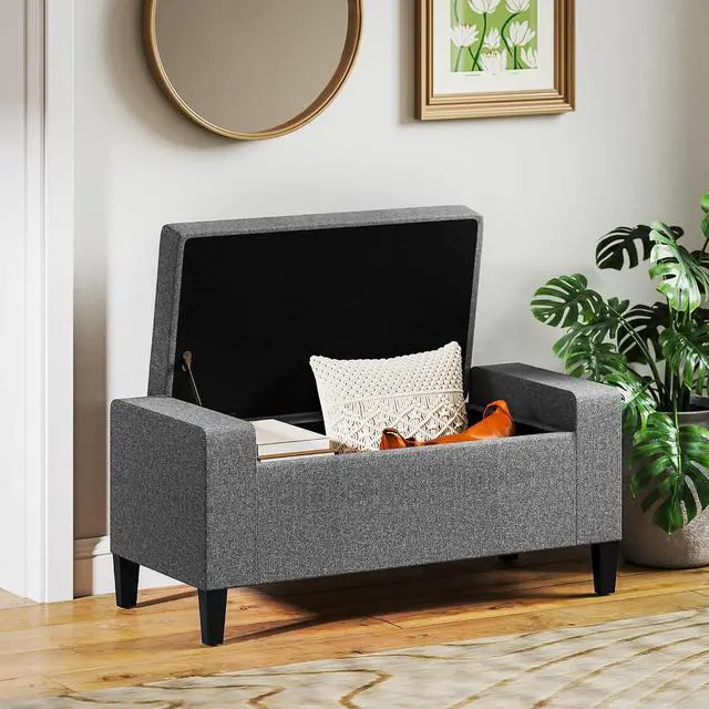Alt view image 7 of 7 - 36" Ottoman with Storage, Lift Top Rubberwood Legs 330 lb Gray | Storage Ottoman Bench, Linen Upholstered Entryway Seat, Living Room, Bedroom