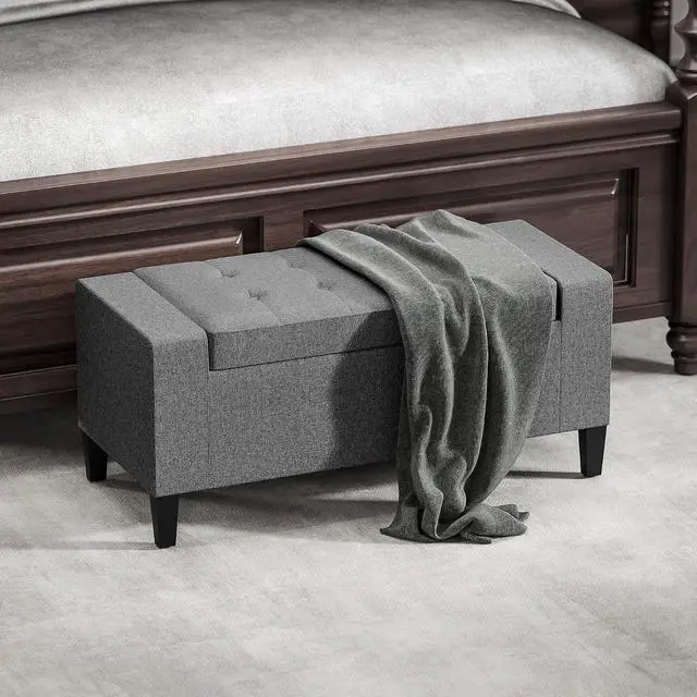 Alt view image 6 of 7 - 36" Ottoman with Storage, Lift Top Rubberwood Legs 330 lb Gray | Storage Ottoman Bench, Linen Upholstered Entryway Seat, Living Room, Bedroom