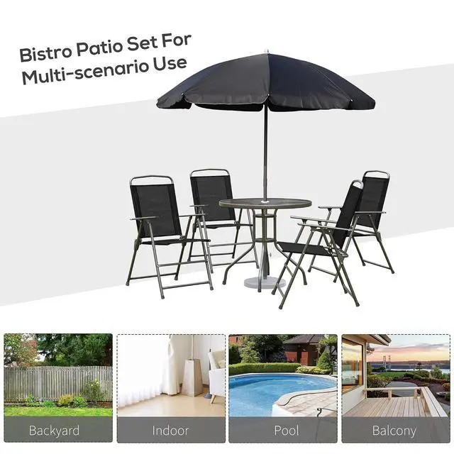 Alt view image 5 of 7 - 6 Piece Outdoor Patio Dining Set for 4 with Umbrella Black/Coffee | Patio Table and Chairs Set, 4 Folding Dining Chairs, Round Glass Table, Garden Backyard Poolside