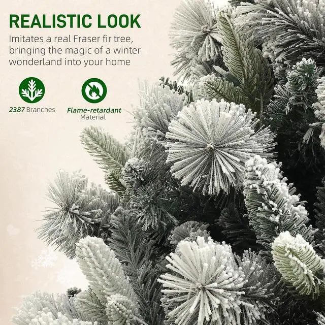 Alt view image 5 of 7 - 9 ft Artificial Prelit Christmas Tree with Realistic Fraser Fir | 750 UL Listed Clear Lights, 2387 Tips, Full Snow Flocked Christmas Tree, Hinged Xmas, for Home Office Holiday