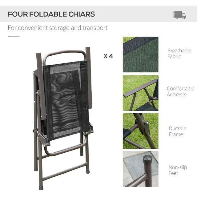 Alt view image 6 of 7 - 6 Piece Outdoor Patio Dining Set for 4 with Umbrella Black/Coffee | Patio Table and Chairs Set, 4 Folding Dining Chairs, Round Glass Table, Garden Backyard Poolside