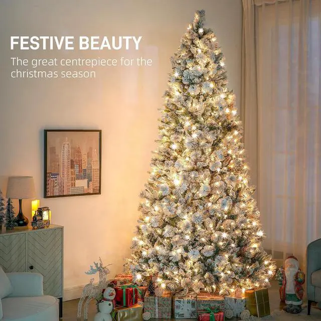 Alt view image 3 of 7 - 9 ft Artificial Prelit Christmas Tree with Realistic Fraser Fir | 750 UL Listed Clear Lights, 2387 Tips, Full Snow Flocked Christmas Tree, Hinged Xmas, for Home Office Holiday
