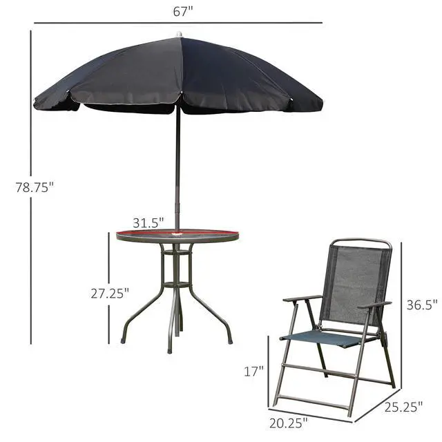 Alt view image 7 of 7 - 6 Piece Outdoor Patio Dining Set for 4 with Umbrella Black/Coffee | Patio Table and Chairs Set, 4 Folding Dining Chairs, Round Glass Table, Garden Backyard Poolside
