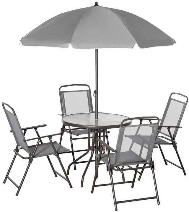 Main image of 6 Piece Outdoor Patio Dining Set for 4 with Umbrella Gray | Patio Table and Chairs Set, 4 Folding Dining Chairs, Round Glass Table, Garden Backyard Poolside