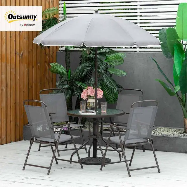 Alt view image 2 of 7 - 6 Piece Outdoor Patio Dining Set for 4 with Umbrella Gray | Patio Table and Chairs Set, 4 Folding Dining Chairs, Round Glass Table, Garden Backyard Poolside