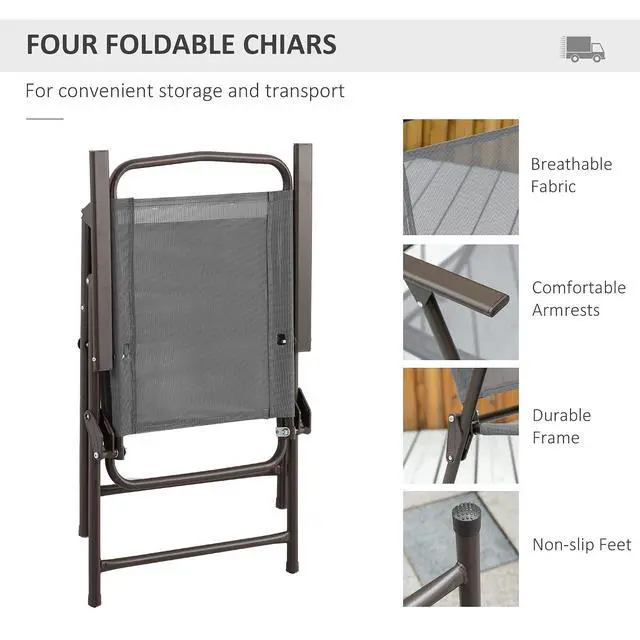 Alt view image 4 of 7 - 6 Piece Outdoor Patio Dining Set for 4 with Umbrella Gray | Patio Table and Chairs Set, 4 Folding Dining Chairs, Round Glass Table, Garden Backyard Poolside