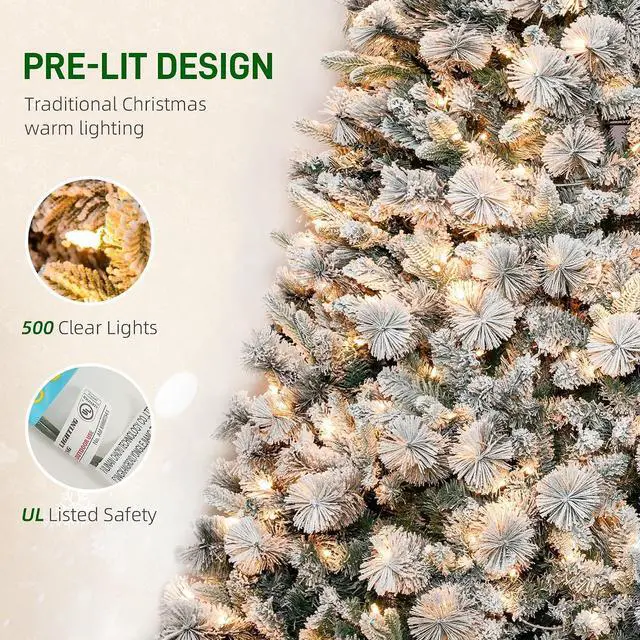 Alt view image 4 of 7 - 7.5 ft Artificial Prelit Christmas Tree with Realistic Fraser Fir | 500 UL Listed Clear Lights, 1530 Tips, Full Snow Flocked Christmas Tree, Hinged Xmas, for Home Office Holiday