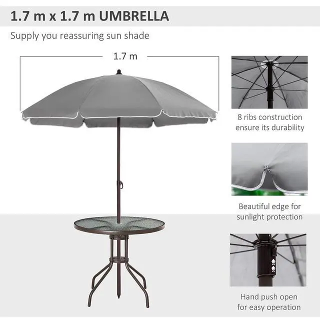 Alt view image 5 of 7 - 6 Piece Outdoor Patio Dining Set for 4 with Umbrella Gray | Patio Table and Chairs Set, 4 Folding Dining Chairs, Round Glass Table, Garden Backyard Poolside