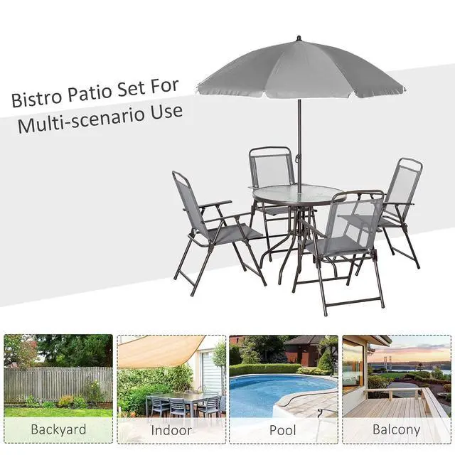Alt view image 6 of 7 - 6 Piece Outdoor Patio Dining Set for 4 with Umbrella Gray | Patio Table and Chairs Set, 4 Folding Dining Chairs, Round Glass Table, Garden Backyard Poolside