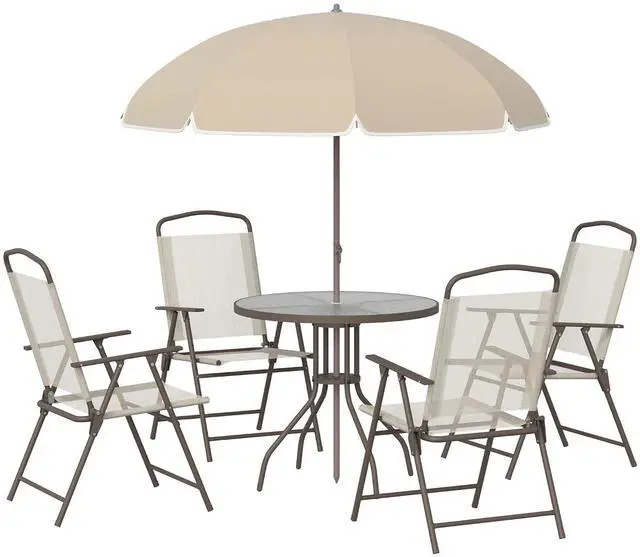 Main image of 6 Piece Patio Dining Set for 4 with Umbrella, Beige | Outdoor Table and Chairs, Patio Furniture Set, 4 Folding Dining Chairs, Round Glass Table, Garden Backyard Poolside