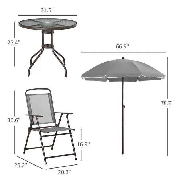 Alt view image 7 of 7 - 6 Piece Outdoor Patio Dining Set for 4 with Umbrella Gray | Patio Table and Chairs Set, 4 Folding Dining Chairs, Round Glass Table, Garden Backyard Poolside