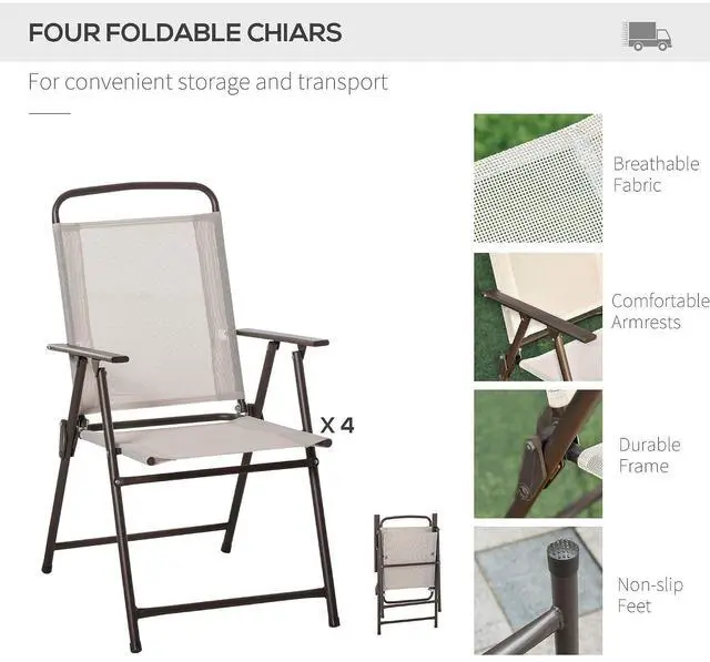 Alt view image 3 of 7 - 6 Piece Patio Dining Set for 4 with Umbrella, Beige | Outdoor Table and Chairs, Patio Furniture Set, 4 Folding Dining Chairs, Round Glass Table, Garden Backyard Poolside