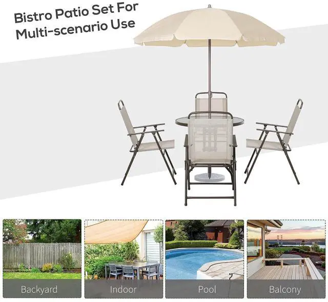 Alt view image 6 of 7 - 6 Piece Patio Dining Set for 4 with Umbrella, Beige | Outdoor Table and Chairs, Patio Furniture Set, 4 Folding Dining Chairs, Round Glass Table, Garden Backyard Poolside