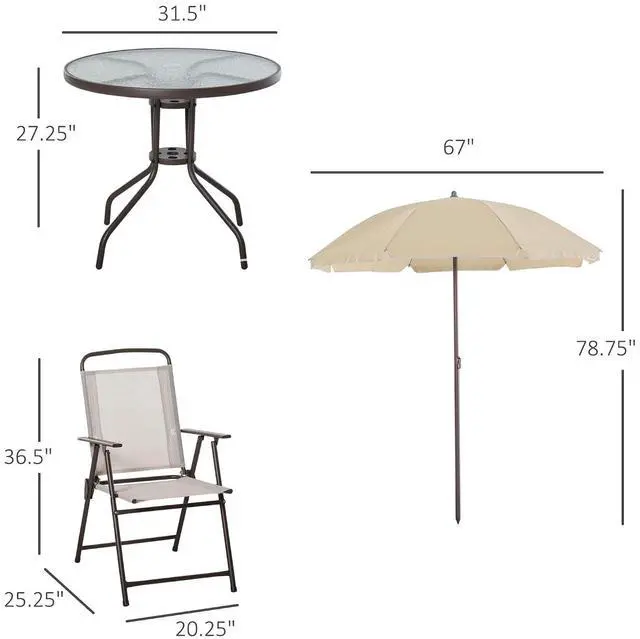 Alt view image 7 of 7 - 6 Piece Patio Dining Set for 4 with Umbrella, Beige | Outdoor Table and Chairs, Patio Furniture Set, 4 Folding Dining Chairs, Round Glass Table, Garden Backyard Poolside