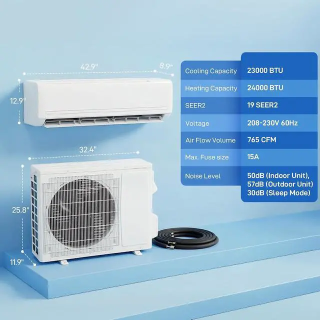 Alt view image 7 of 7 - 24000 BTU Mini Split AC/Heating System, 19 SEER2, 230V Heat Pump | Inverter, Energy Efficient Ductless, Air Conditioner, Cools up to 1500 Sq. Ft., Complete Installation Kit