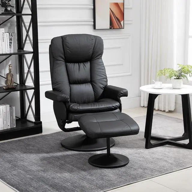 Alt view image 2 of 7 - Swivel Recliner with Ottoman PU Leather Reclining Chair Black | Upholstered, Footrest, Wrapped Base, Living Room, Bedroom, Home Office