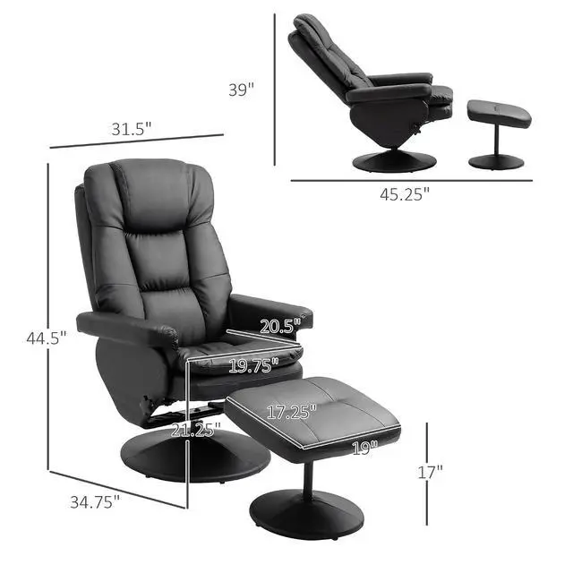 Alt view image 3 of 7 - Swivel Recliner with Ottoman PU Leather Reclining Chair Black | Upholstered, Footrest, Wrapped Base, Living Room, Bedroom, Home Office