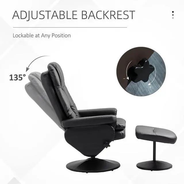 Alt view image 4 of 7 - Swivel Recliner with Ottoman PU Leather Reclining Chair Black | Upholstered, Footrest, Wrapped Base, Living Room, Bedroom, Home Office