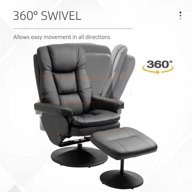 Alt view image 5 of 7 - Swivel Recliner with Ottoman PU Leather Reclining Chair Black | Upholstered, Footrest, Wrapped Base, Living Room, Bedroom, Home Office