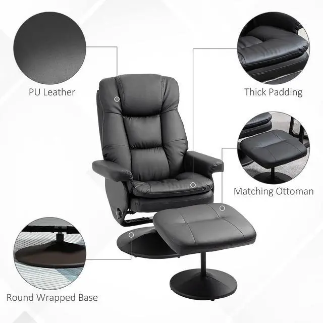 Alt view image 6 of 7 - Swivel Recliner with Ottoman PU Leather Reclining Chair Black | Upholstered, Footrest, Wrapped Base, Living Room, Bedroom, Home Office