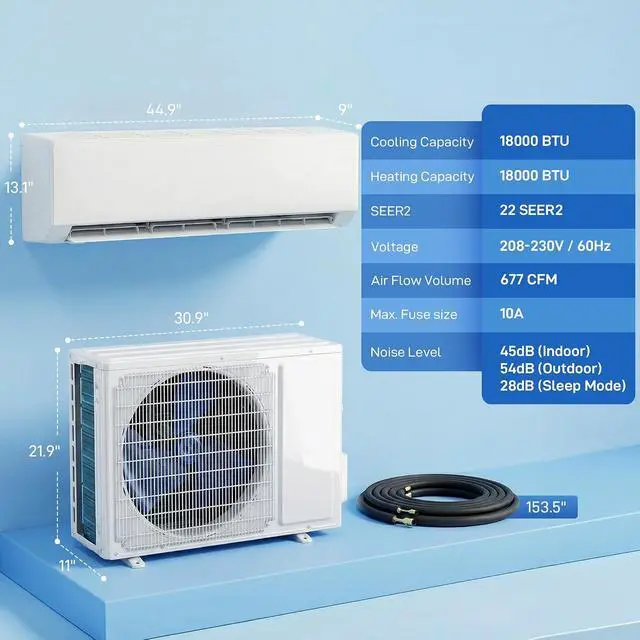 Alt view image 7 of 7 - 18000 BTU Mini Split AC/Heating System 230V Inverter Heat Pump WiFi | 22 SEER2, Works with Alexa, Energy Efficient Ductless Air Conditioner, Cools 1250 Sq. Ft., Complete Installation Kit