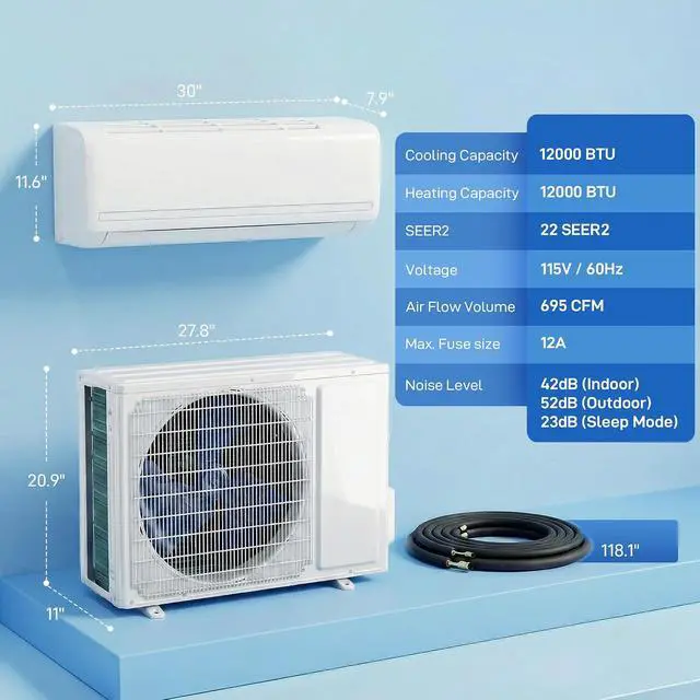 Alt view image 6 of 7 - 12000 BTU Mini Split AC/Heating System, 22 SEER2, 115V Heat Pump | Inverter, Energy Efficient Ductless Air Conditioner, Cools up to 750 Sq. Ft., Complete Installation Kit
