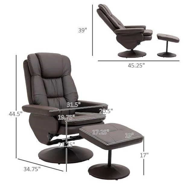 Alt view image 3 of 7 - Swivel Recliner with Ottoman PU Leather Reclining Chair Brown | Upholstered, Footrest, Wrapped Base, Living Room, Bedroom, Home Office
