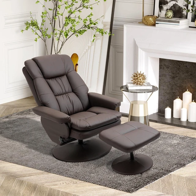 Alt view image 2 of 7 - Swivel Recliner with Ottoman PU Leather Reclining Chair Brown | Upholstered, Footrest, Wrapped Base, Living Room, Bedroom, Home Office