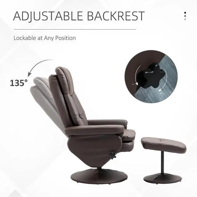 Alt view image 4 of 7 - Swivel Recliner with Ottoman PU Leather Reclining Chair Brown | Upholstered, Footrest, Wrapped Base, Living Room, Bedroom, Home Office