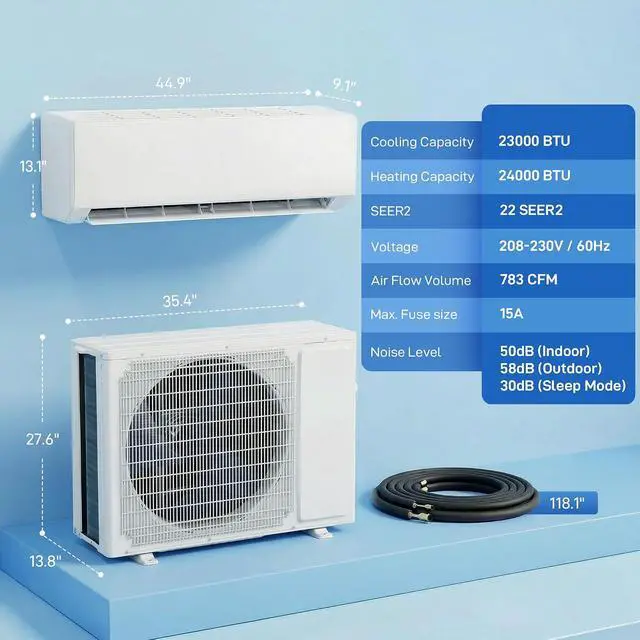 Alt view image 7 of 7 - 24000 BTU Mini Split AC/Heating System, 22 SEER2 230V Heat Pump WiFi | Inverter, Works with Alexa, Energy Efficient, Ductless Air Conditioner, Cools 1500 Sq. Ft., Complete Installation Kit