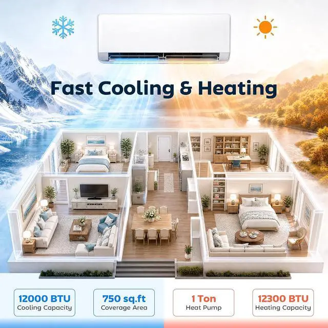 Alt view image 4 of 7 - 12000 BTU Mini Split AC/Heating System SEER2 22 Inverter Heat Pump | 115V, Compatible with Alexa, Energy Efficient Ductless Air Conditioner, Cools 750 Sq.Ft, WiFi Enabled, Install Kit