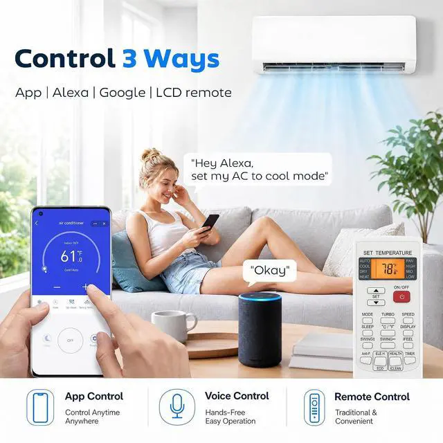 Alt view image 7 of 7 - 12000 BTU Mini Split AC/Heating System SEER2 22 Inverter Heat Pump | 115V, Compatible with Alexa, Energy Efficient Ductless Air Conditioner, Cools 750 Sq.Ft, WiFi Enabled, Install Kit