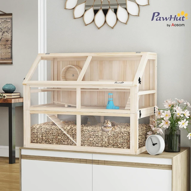 Alt view image 2 of 7 - PawHut Wooden Hamster Cage 3 Tier for Dwarf Gerbil 37"x21"x30" Natural | Small Animal Cage, Detachable 12.4" Deep Bottom, Hut, Seesaw, Exercise Wheel, Ramps, Hamster Habitat